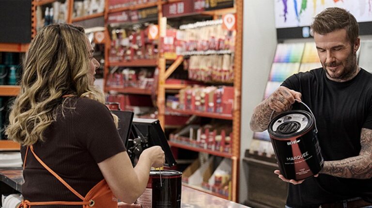 David Beckham at a BEHR paint counter fronting The Home Depot FIFA World Cup 2026 sponsorship activation