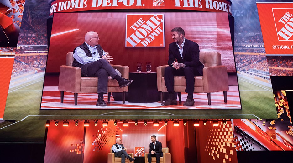 David Beckham on stage with The Home Depot leadership announcing the World Cup 2026 sponsorship activation partnership