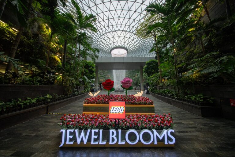Two two-metre LEGO roses against the Rain Vortex at Forest Valley, Jewel Changi Airport, an example of retail theatre in a transit hub