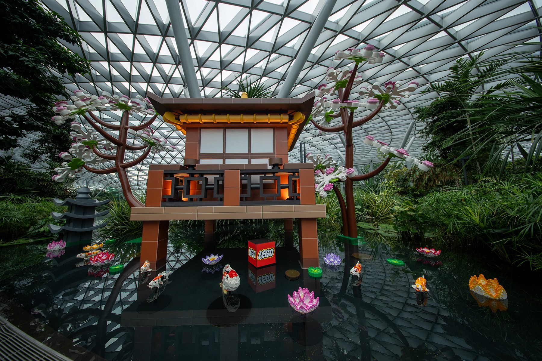 LEGO koi and water lilies in the Source Pool Japanese-inspired garden at Jewel Changi Airport